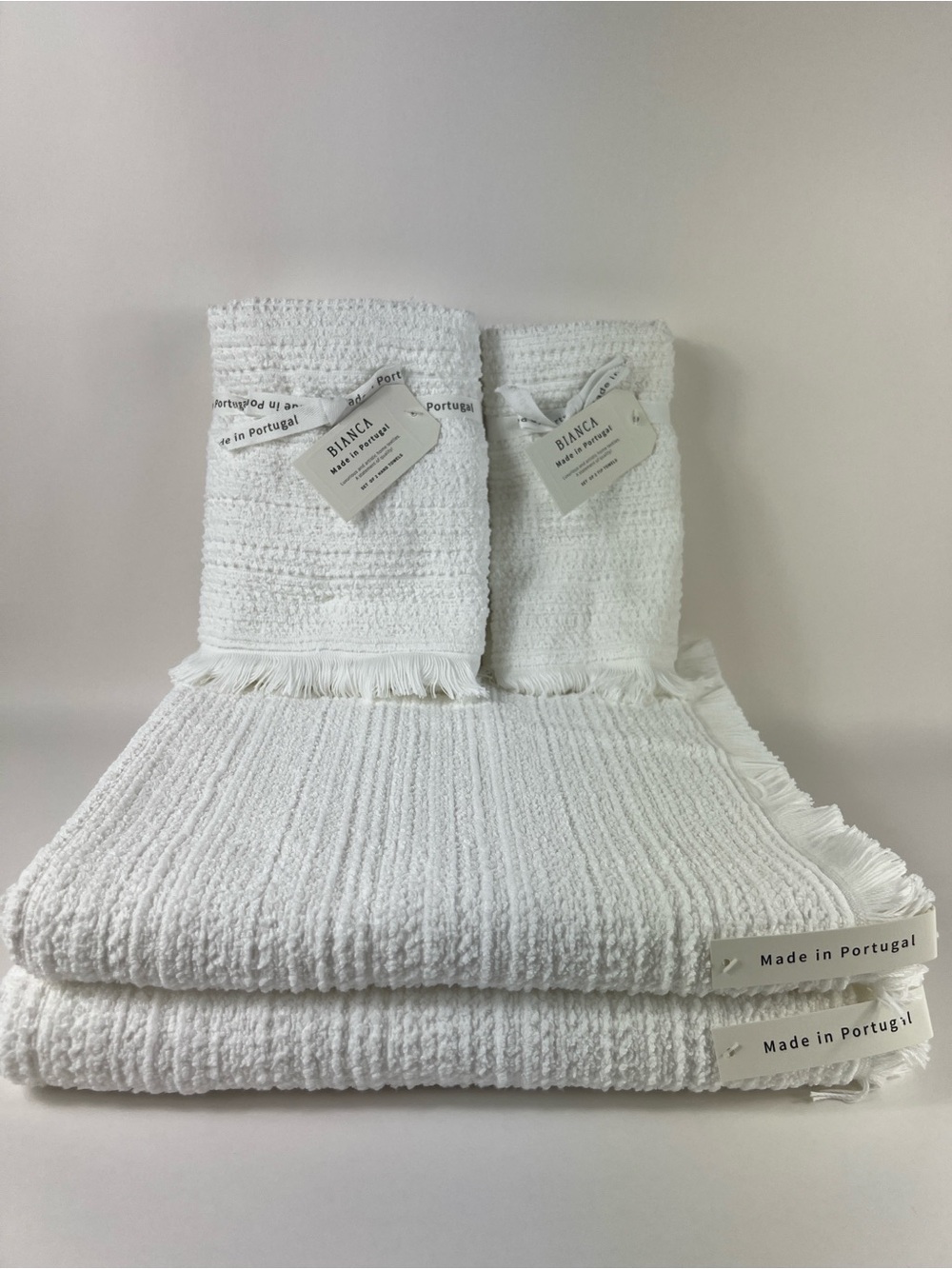 Bianca Bath Towel Set Luxurious White with Fringe Textured Portugal 6 Pc Set NEW